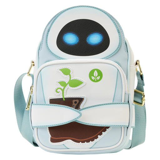 Crossbody bag featuring EVE from WALL-E. Her arms fold in front of the bag to hold a reversible coin purse with WALL-E's plant on one side and a light bulb on the other.